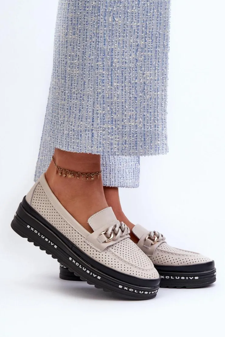 Damskie Damskie buty S.Barski Mokasyny Damskie Skórzane Na Platformie Z Łańcuchem S.Barski LR618 Beżowe