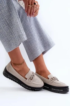 Damskie Damskie buty S.Barski Mokasyny Damskie Skórzane Na Platformie Z Łańcuchem S.Barski LR618 Beżowe