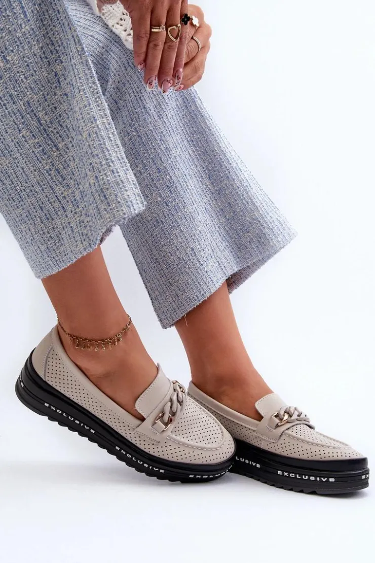 Damskie Damskie buty S.Barski Mokasyny Damskie Skórzane Na Platformie Z Łańcuchem S.Barski LR618 Beżowe