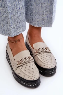 Damskie Damskie buty S.Barski Mokasyny Damskie Skórzane Na Platformie Z Łańcuchem S.Barski LR618 Beżowe