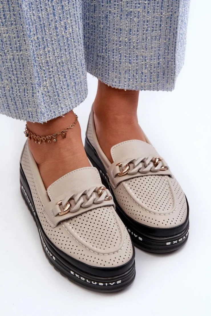 Damskie Damskie buty S.Barski Mokasyny Damskie Skórzane Na Platformie Z Łańcuchem S.Barski LR618 Beżowe
