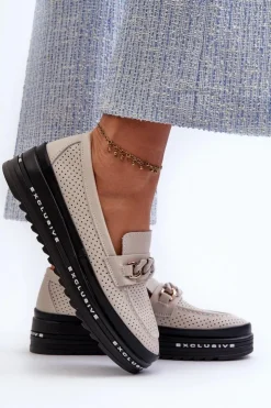 Damskie Damskie buty S.Barski Mokasyny Damskie Skórzane Na Platformie Z Łańcuchem S.Barski LR618 Beżowe