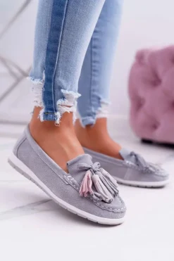 Damskie Evento Mokasyny Damskie Skórzane Zamszowe Z Frędzlami Szare Batist