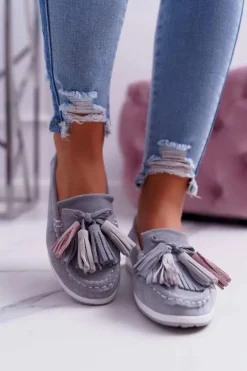 Damskie Evento Mokasyny Damskie Skórzane Zamszowe Z Frędzlami Szare Batist