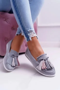 Damskie Evento Mokasyny Damskie Skórzane Zamszowe Z Frędzlami Szare Batist