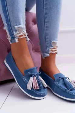 Evento Mokasyny Damskie Zamszowe*Mokasyny Damskie Skórzane Zamszowe Z Frędzlami Niebieskie Batist