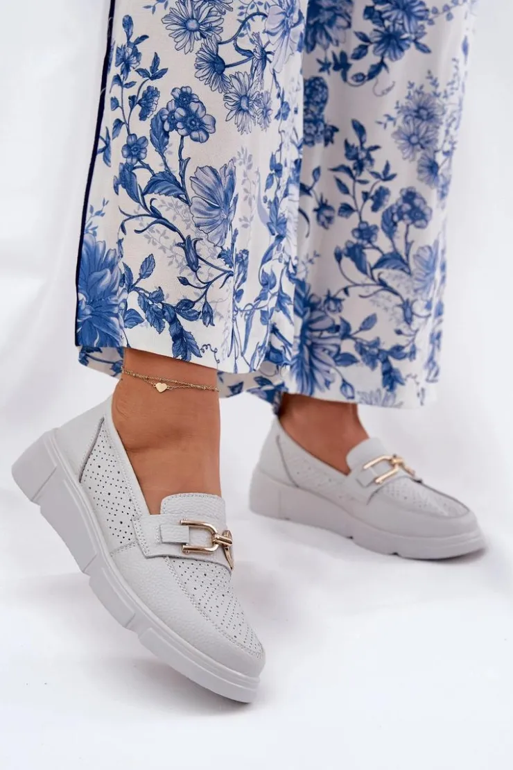 Damskie Buty damskie Vinceza Mokasyny Damskie Skórzane Ze Złotym Detalem Vinceza 88007 Jasnoszare