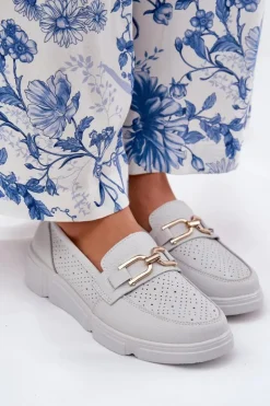 Damskie Buty damskie Vinceza Mokasyny Damskie Skórzane Ze Złotym Detalem Vinceza 88007 Jasnoszare