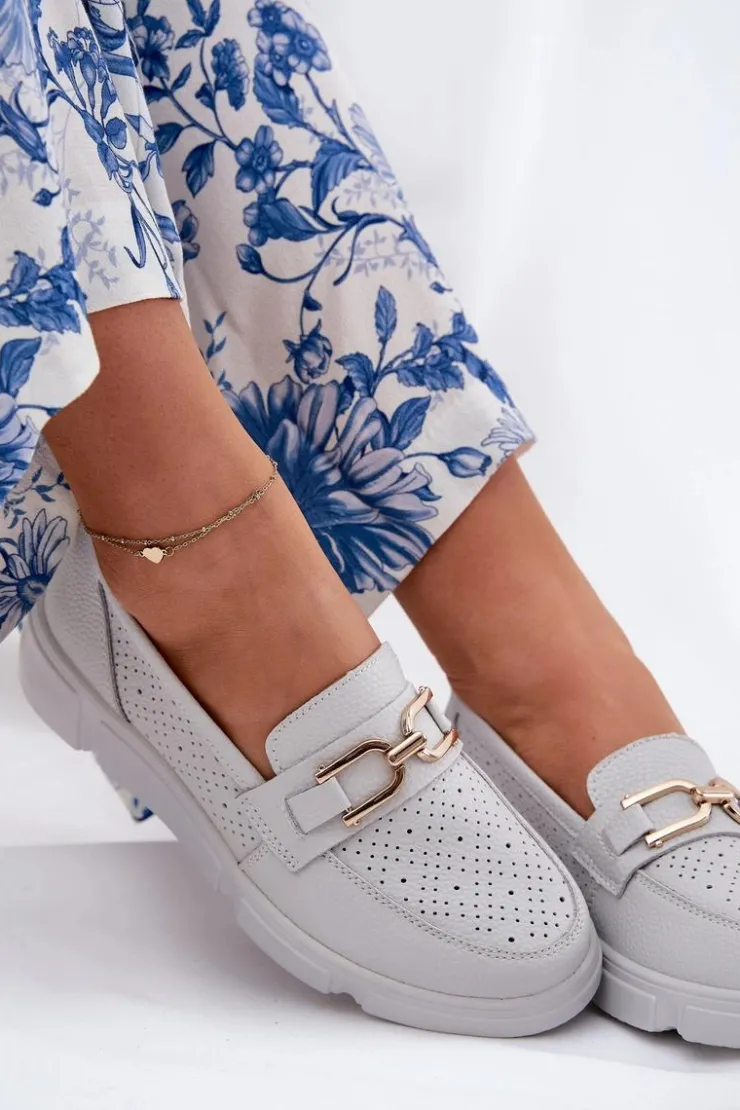 Damskie Buty damskie Vinceza Mokasyny Damskie Skórzane Ze Złotym Detalem Vinceza 88007 Jasnoszare