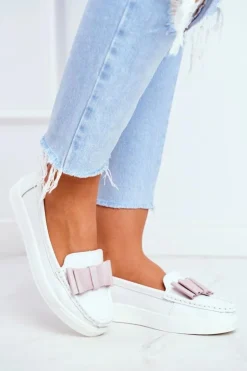 Outlet Damskie buty S.Barski Mokasyny Damskie Skórzane Biało Różowe Lovren