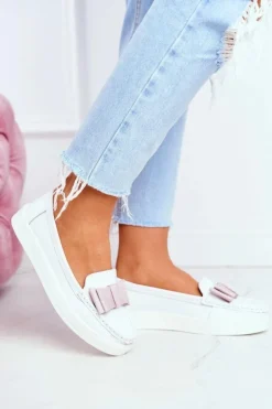 Outlet Damskie buty S.Barski Mokasyny Damskie Skórzane Biało Różowe Lovren