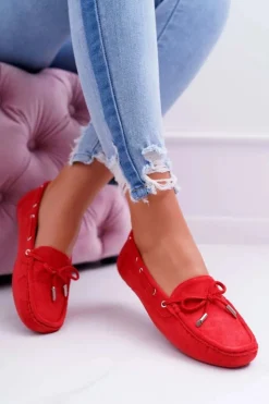 Damskie Boto Mokasyny Damskie Wygodne Eko-zamsz Czerwone Memfi