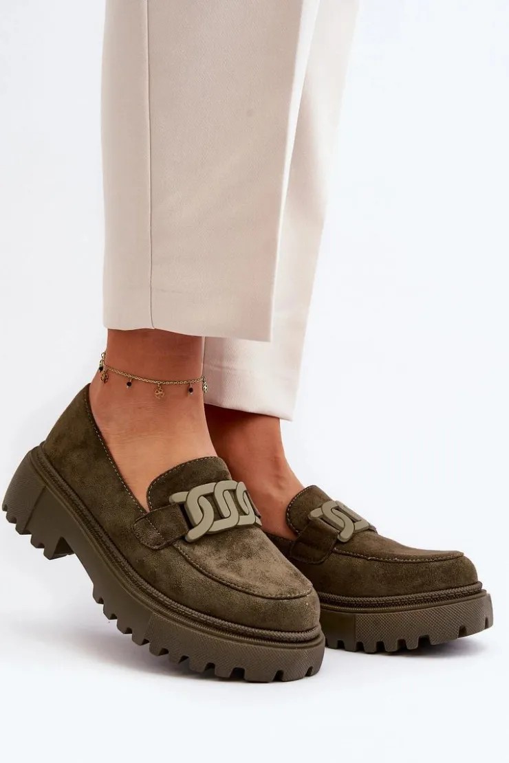 Damskie Boto Mokasyny Damskie Z Łańcuchem Ciemnozielone Mevre