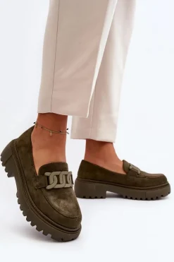 Damskie Boto Mokasyny Damskie Z Łańcuchem Ciemnozielone Mevre