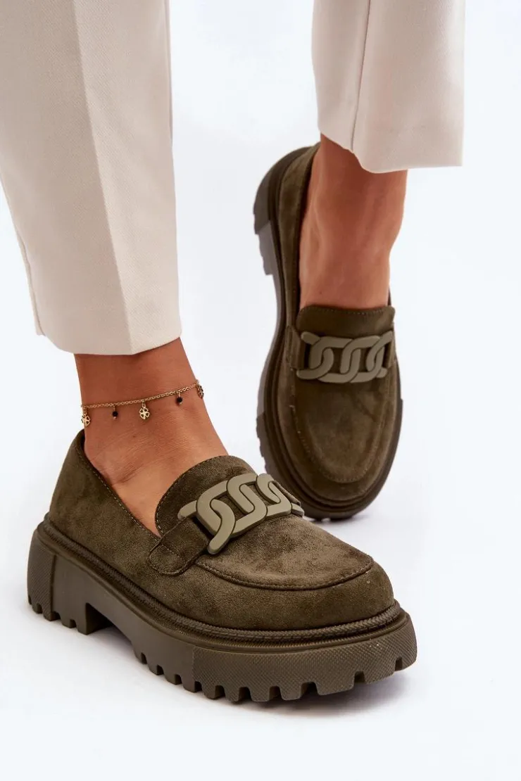 Damskie Boto Mokasyny Damskie Z Łańcuchem Ciemnozielone Mevre