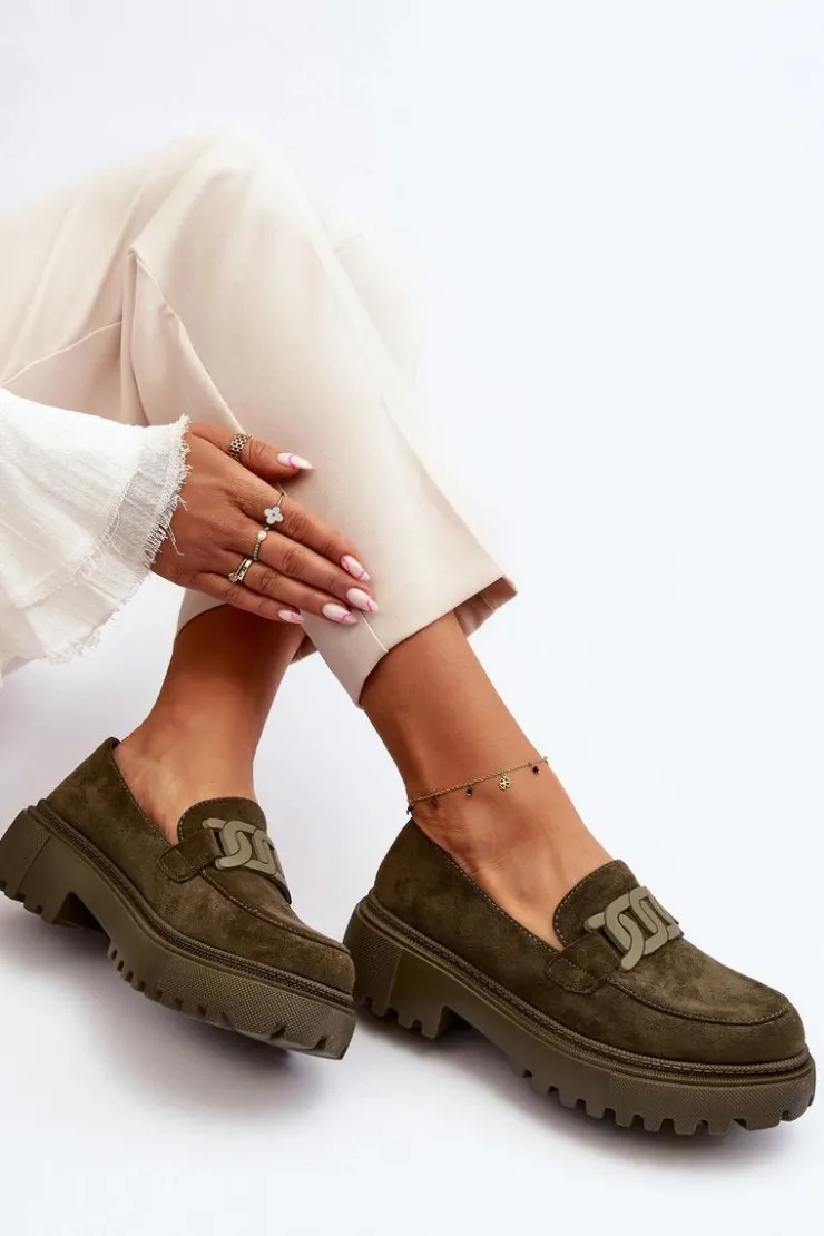 Damskie Boto Mokasyny Damskie Z Łańcuchem Ciemnozielone Mevre