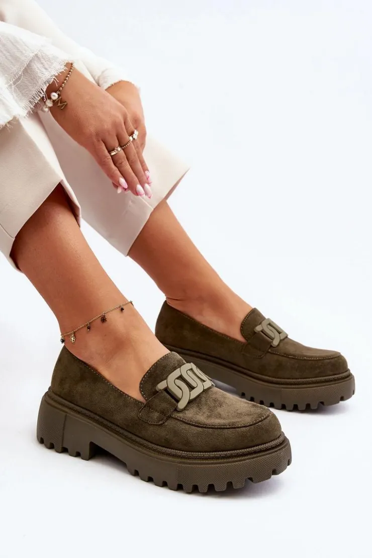 Damskie Boto Mokasyny Damskie Z Łańcuchem Ciemnozielone Mevre