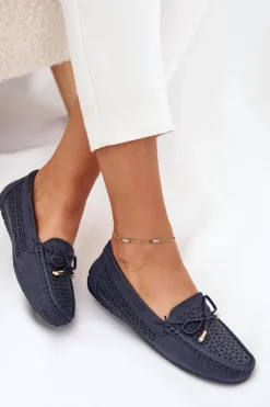 Damskie Boto Mokasyny Damskie Z Ażurowym Wzorem I Wiązaniem Granatowe Mirisa
