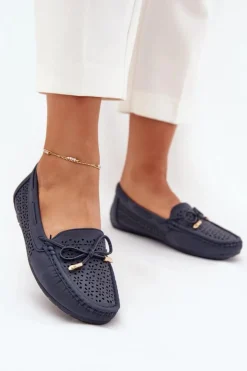 Damskie Boto Mokasyny Damskie Z Ażurowym Wzorem I Wiązaniem Granatowe Mirisa