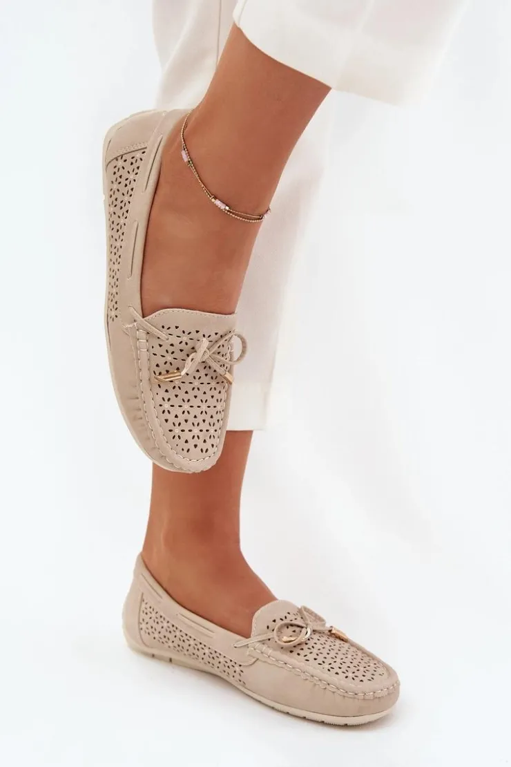 Online Boto Mokasyny Damskie Z Ażurowym Wzorem I Wiązaniem Beżowe Mirisa Beżowy