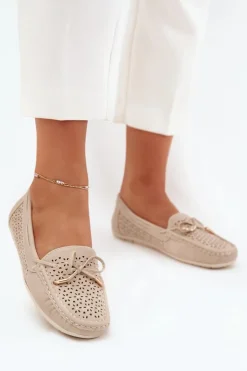 Online Boto Mokasyny Damskie Z Ażurowym Wzorem I Wiązaniem Beżowe Mirisa Beżowy