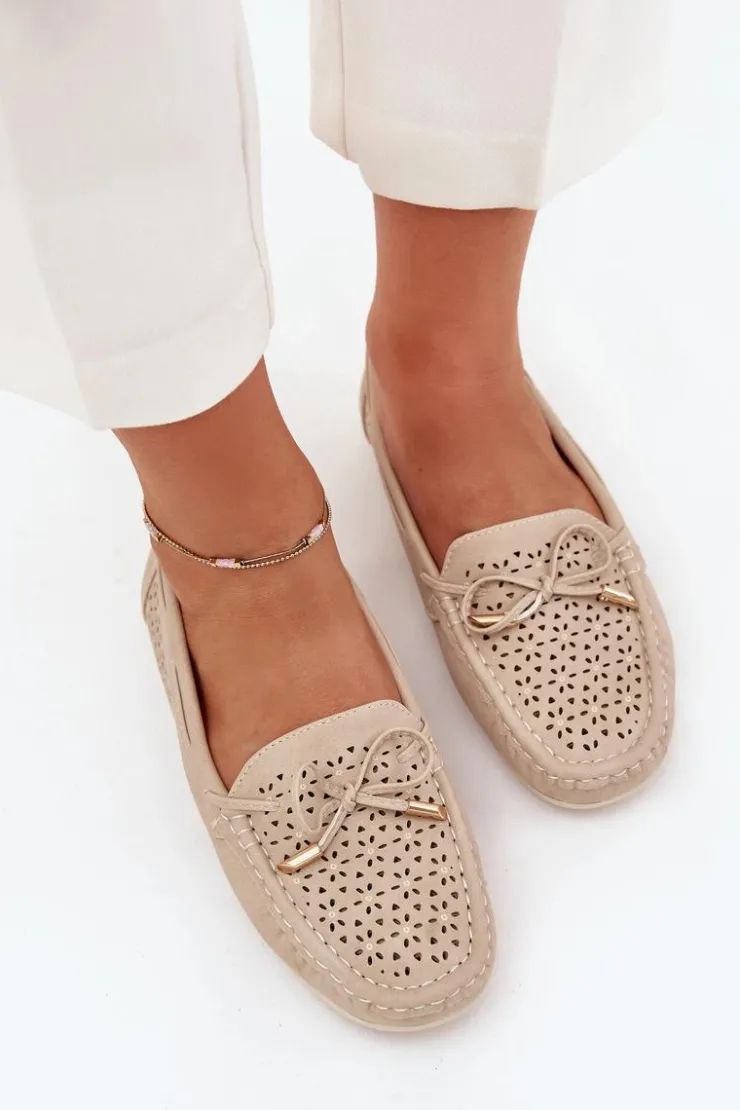 Online Boto Mokasyny Damskie Z Ażurowym Wzorem I Wiązaniem Beżowe Mirisa Beżowy