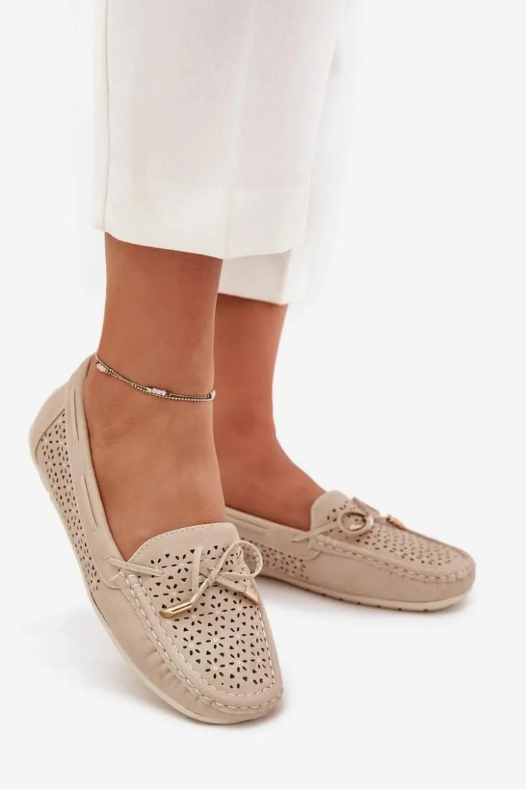 Online Boto Mokasyny Damskie Z Ażurowym Wzorem I Wiązaniem Beżowe Mirisa Beżowy