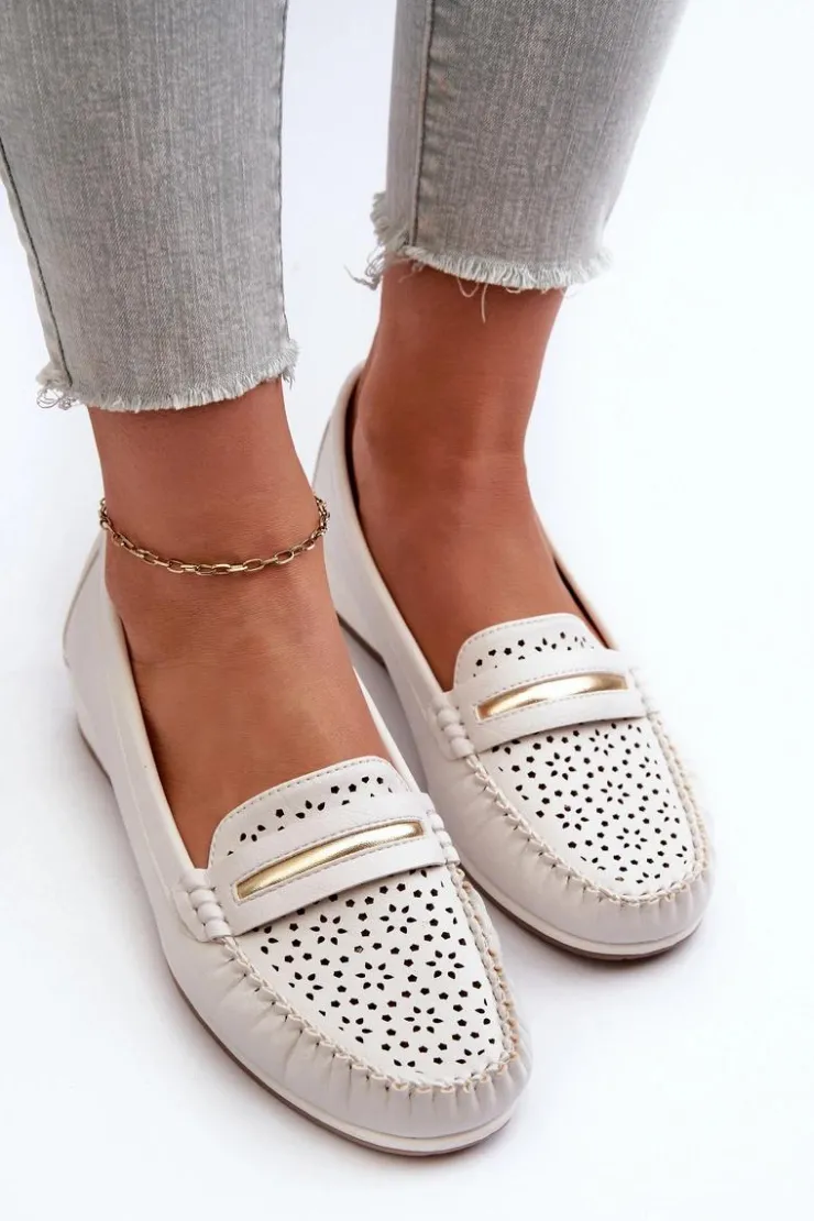Sale Evento Mokasyny Damskie Z Ażurowym Wzorem Eko Skóry Zgaszona Białe Nassnema