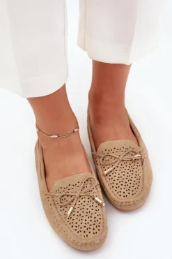 Outlet Boto Mokasyny Damskie Z Ażurowym Wzorem I Wiązaniem Khaki Mirisa Beżowy