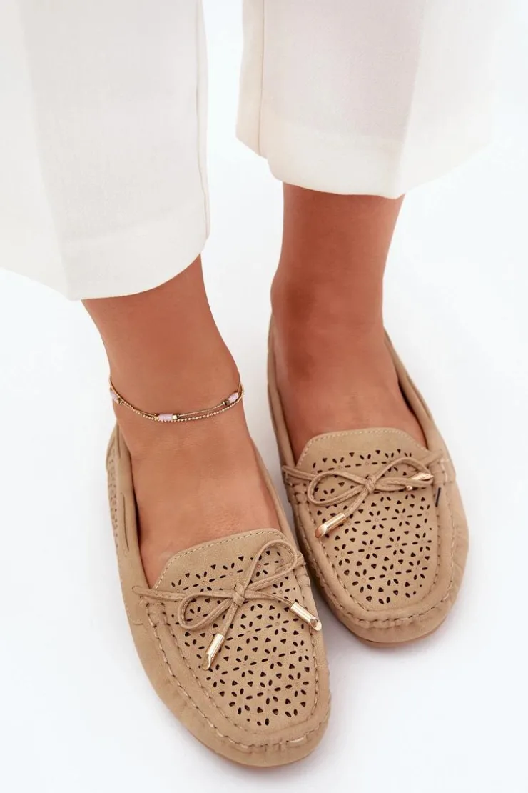 Outlet Boto Mokasyny Damskie Z Ażurowym Wzorem I Wiązaniem Khaki Mirisa Beżowy