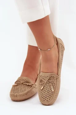Outlet Boto Mokasyny Damskie Z Ażurowym Wzorem I Wiązaniem Khaki Mirisa Beżowy