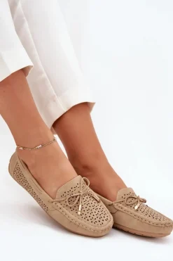 Outlet Boto Mokasyny Damskie Z Ażurowym Wzorem I Wiązaniem Khaki Mirisa Beżowy