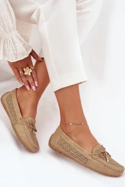 Outlet Boto Mokasyny Damskie Z Ażurowym Wzorem I Wiązaniem Khaki Mirisa Beżowy