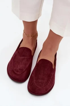 Hot Boto Mokasyny Damskie Z Eko Zamszu Płaskie Bordowe Miryelle Czerwony