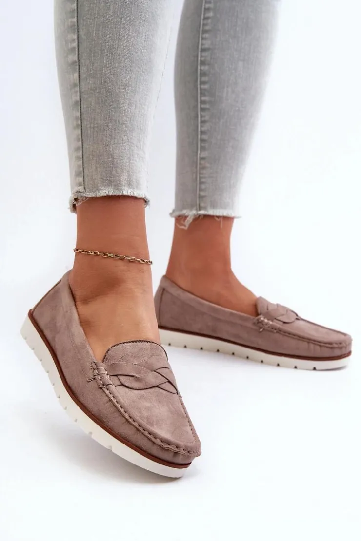 Damskie Evento Mokasyny Damskie Z Eko Zamszu Ciemnobeżowe Nestalia