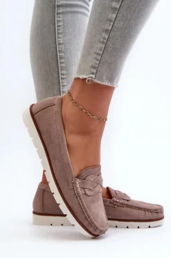Damskie Evento Mokasyny Damskie Z Eko Zamszu Ciemnobeżowe Nestalia
