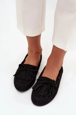 Boto Loafersy Damskie|Mokasyny Damskie Zamszowe*Mokasyny Damskie Z Frędzlami I Kokardką Czarne Olivianne Czarny