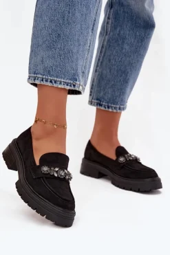 Damskie Boto Mokasyny Damskie Z Kryształkami Eko Zamszowe Czarne Lavisse