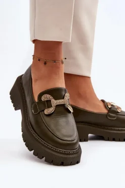 Damskie Boto Mokasyny Damskie Z Ozdobą Ciemnozielone Gargi