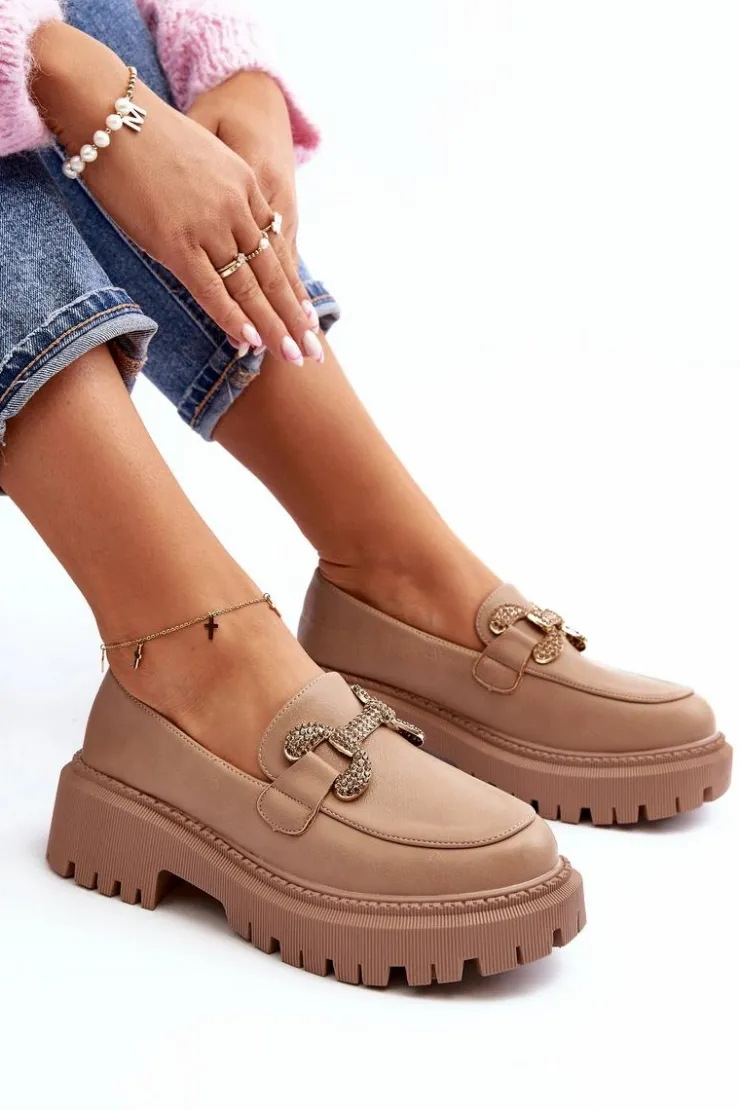 Damskie Boto Mokasyny Damskie Z Ozdobą Ciemnobeżowe Gargi