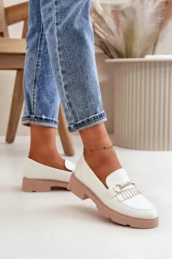 Damskie Boto Mokasyny Damskie Z Ozdobą Eko Skórzane Białe Tialorae