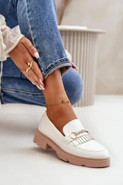 Damskie Boto Mokasyny Damskie Z Ozdobą Eko Skórzane Białe Tialorae