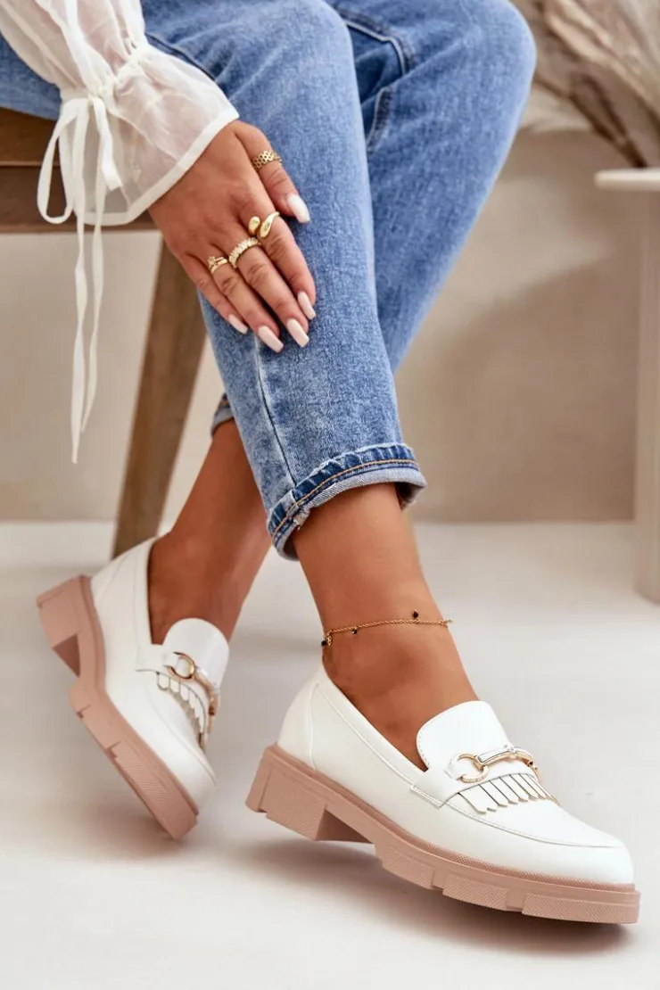 Damskie Boto Mokasyny Damskie Z Ozdobą Eko Skórzane Białe Tialorae