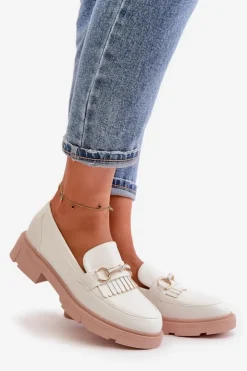 Damskie Boto Mokasyny Damskie Z Ozdobą Eko Skórzane Białe Tialorae