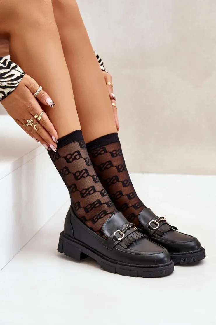 Hot Boto Mokasyny Damskie Z Ozdobą Eko Skórzane Czarne Tialorae Czarny