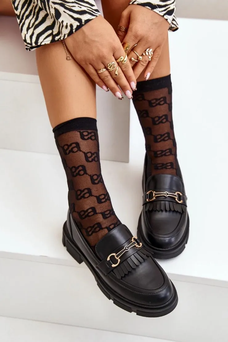 Hot Boto Mokasyny Damskie Z Ozdobą Eko Skórzane Czarne Tialorae Czarny