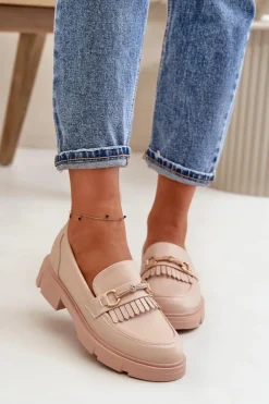 Best Boto Mokasyny Damskie Z Ozdobą Eko Skórzane Beżowe Tialorae Beżowy