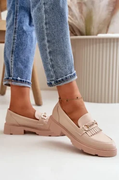 Best Boto Mokasyny Damskie Z Ozdobą Eko Skórzane Beżowe Tialorae Beżowy