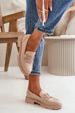 Best Boto Mokasyny Damskie Z Ozdobą Eko Skórzane Beżowe Tialorae Beżowy