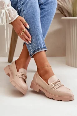 Best Boto Mokasyny Damskie Z Ozdobą Eko Skórzane Beżowe Tialorae Beżowy